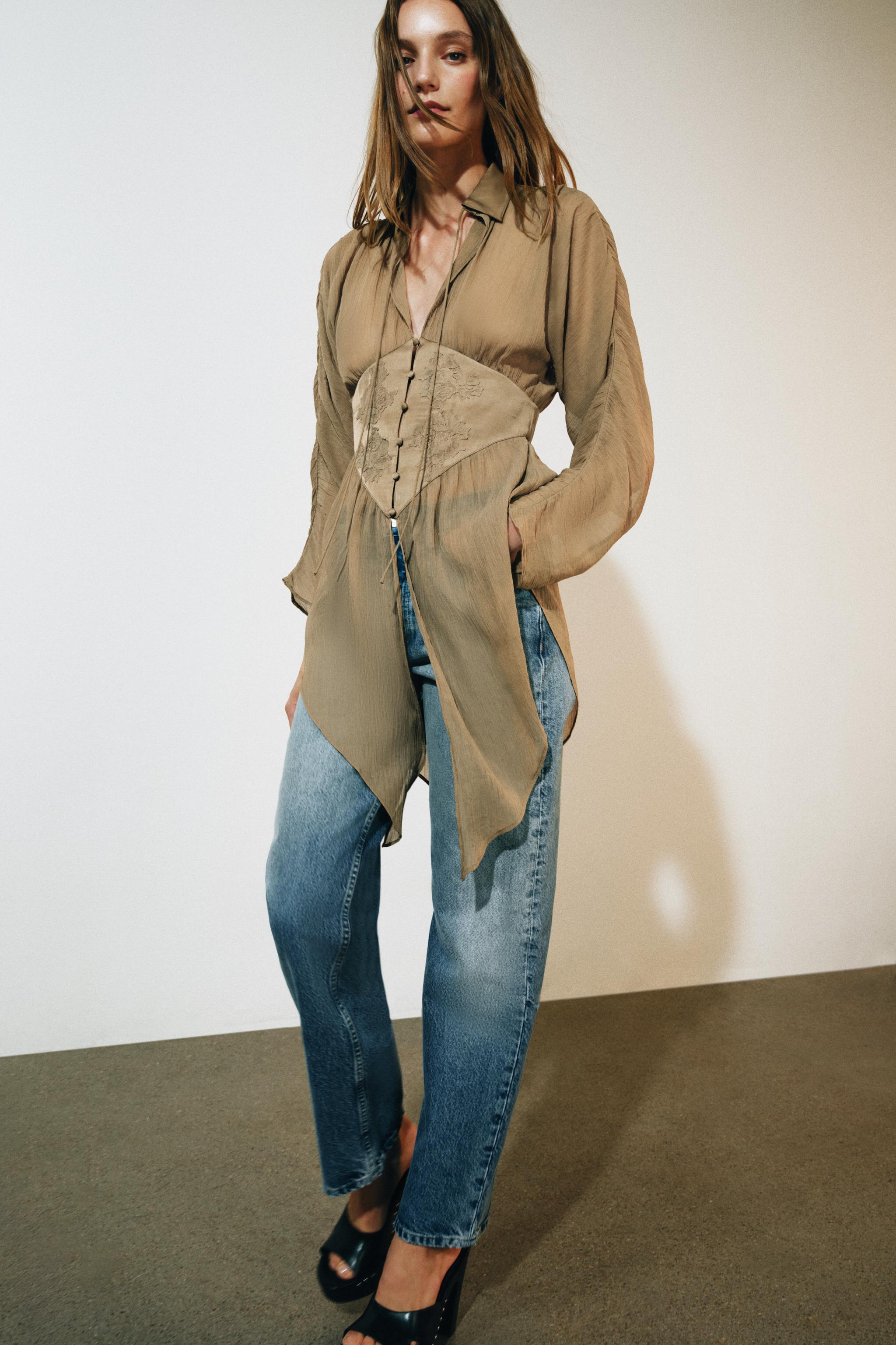 РУБАШКА ИЗ СТРУЯЩЕЙСЯ ТКАНИ С КРУЖЕВОМ — ZW COLLECTION — ZARA