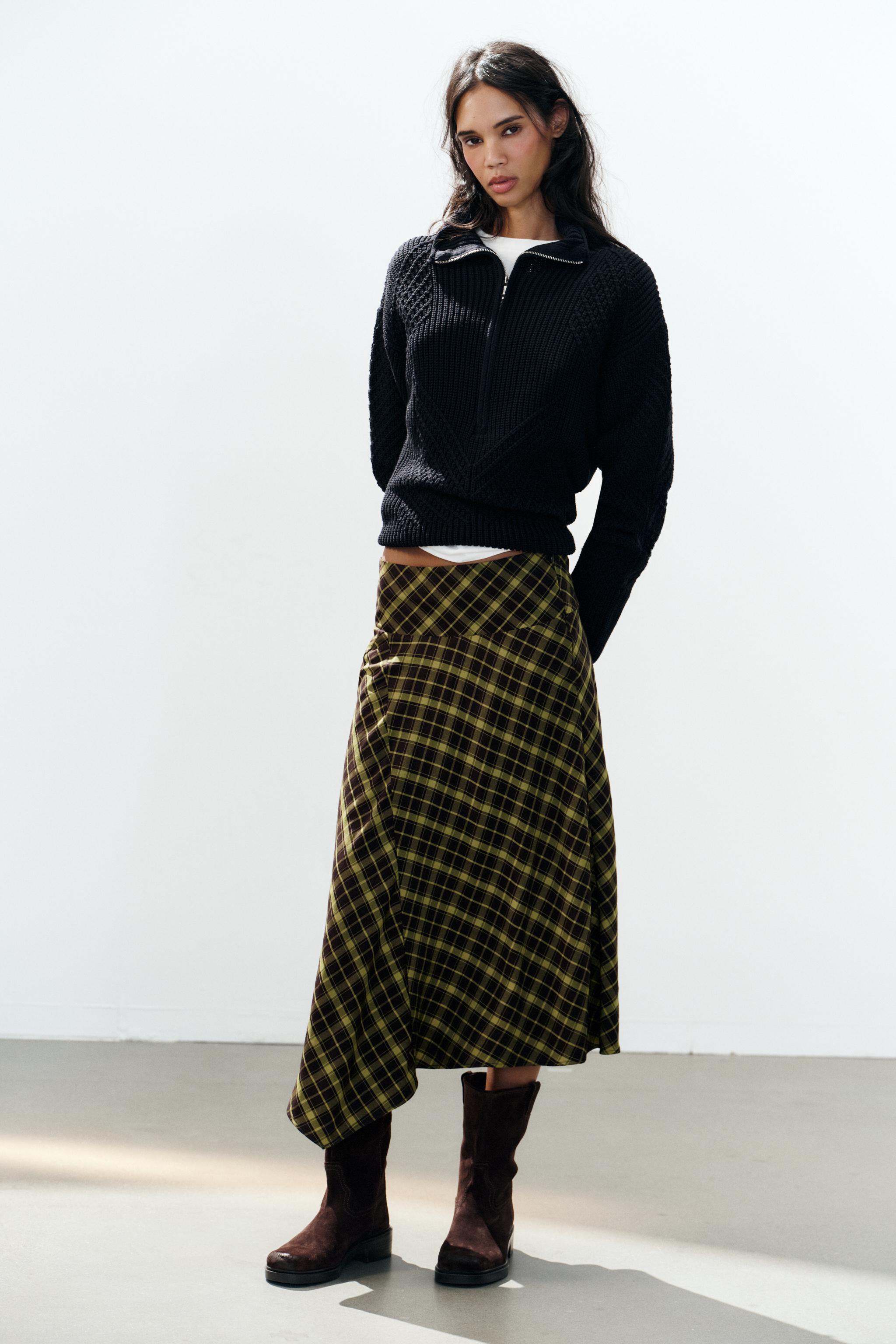 ASYMMETRIC CHECK MIDI SKIRT — ZARA
