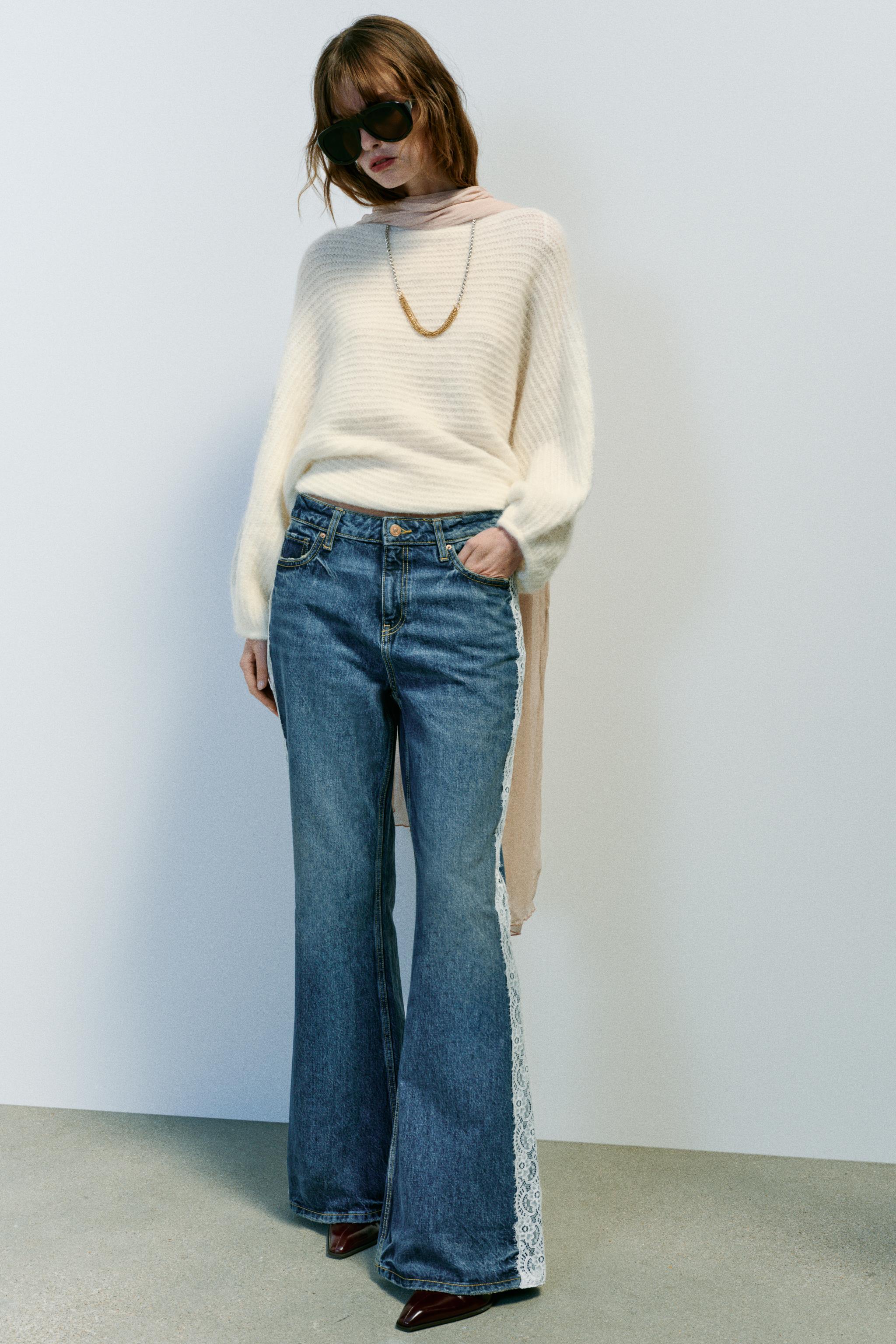 Джинсы Z1975 Bootcut с высокой посадкой и кружевом — ZARA