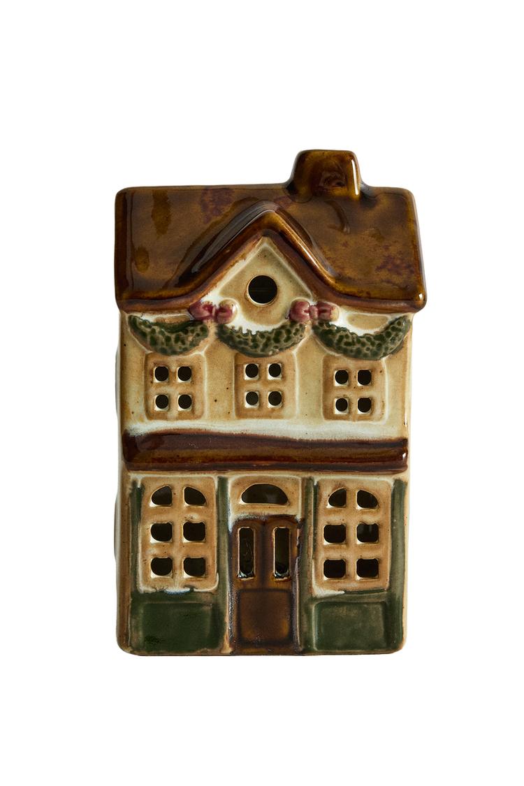 SMALL PORCELAIN HOUSE CHRISTMAS LIGHT ORNAMENT