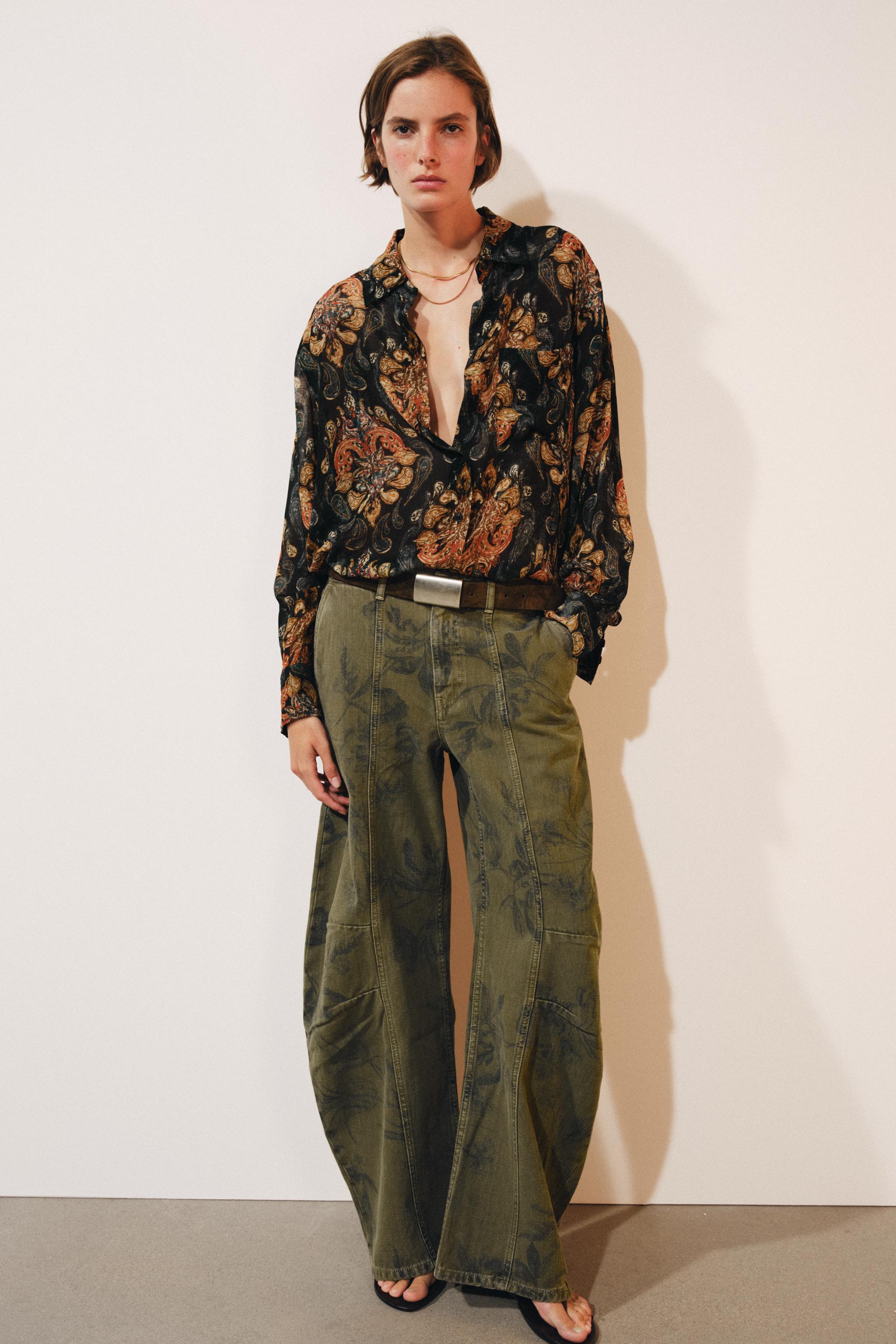Джинсы ZW COLLECTION с низкой посадкой силуэта "бочонок" с цветочным принтом — ZARA