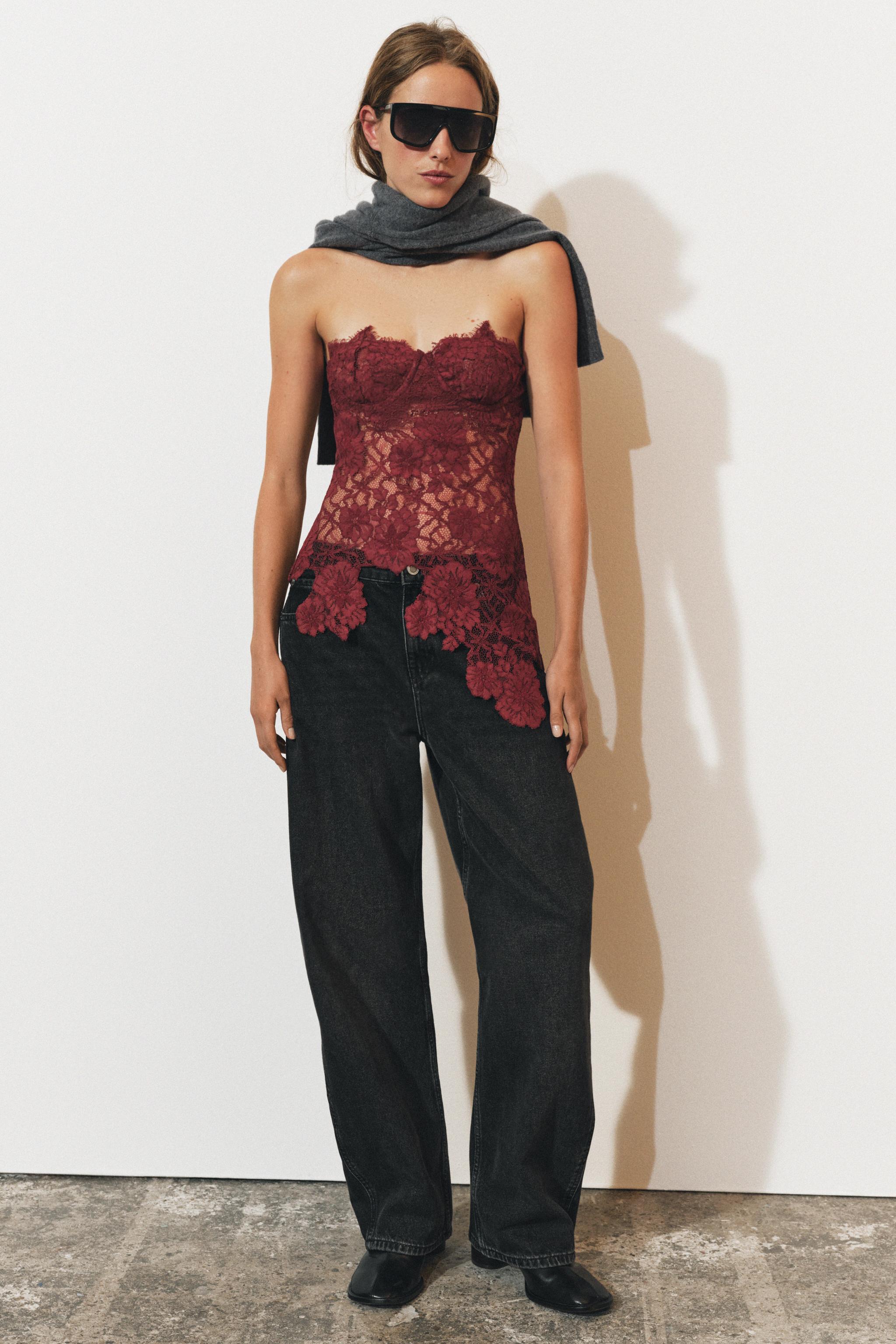 Корсет ZW COLLECTION с кружевной отделкой и цветочным принтом — ZARA