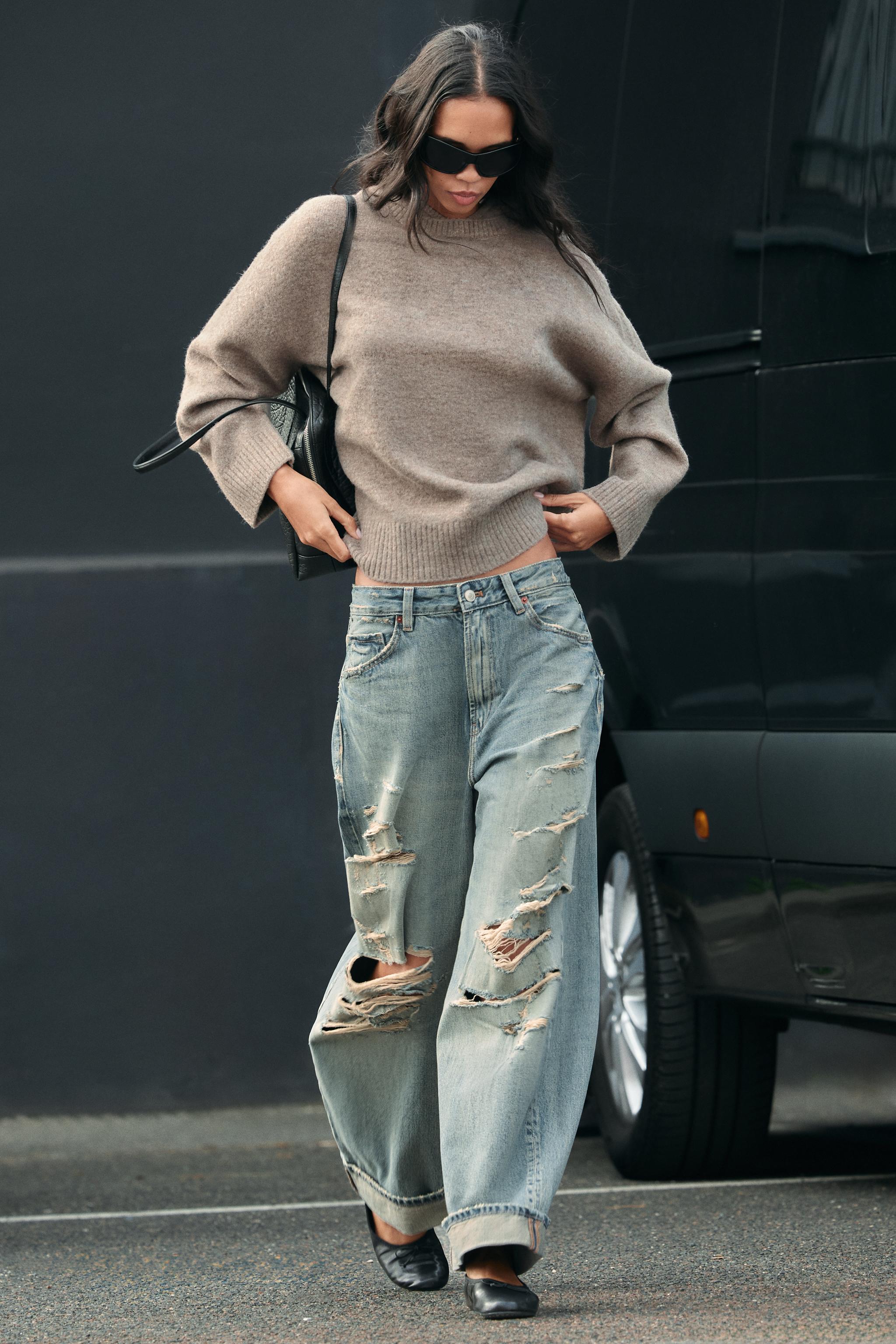 TRF рваные джинсы свободного кроя со средней посадкой и отворотами — ZARA