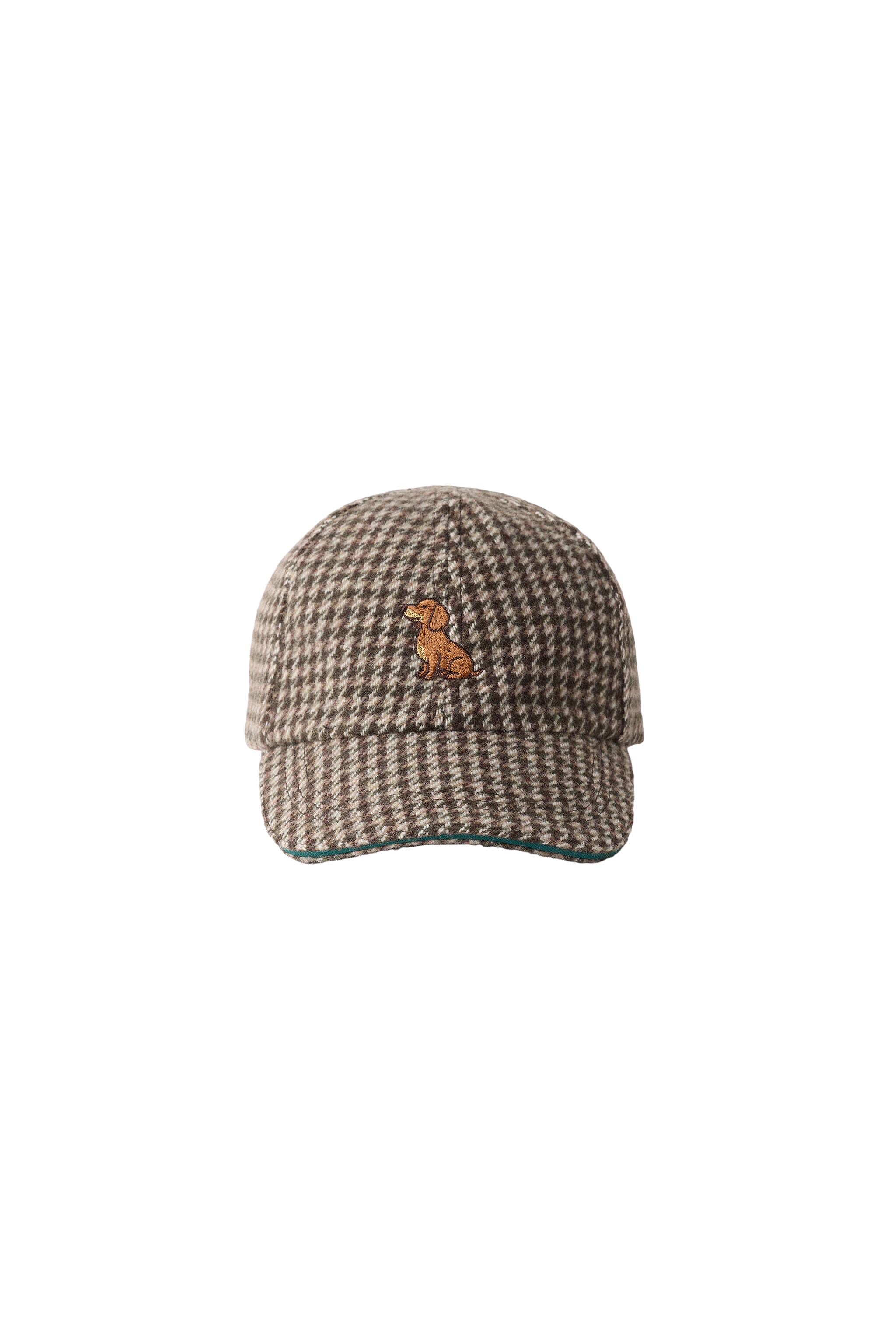HOUNDSTOOTH CAP WITH EMBROIDERED DOG AND WOOL BLEND — ZARA