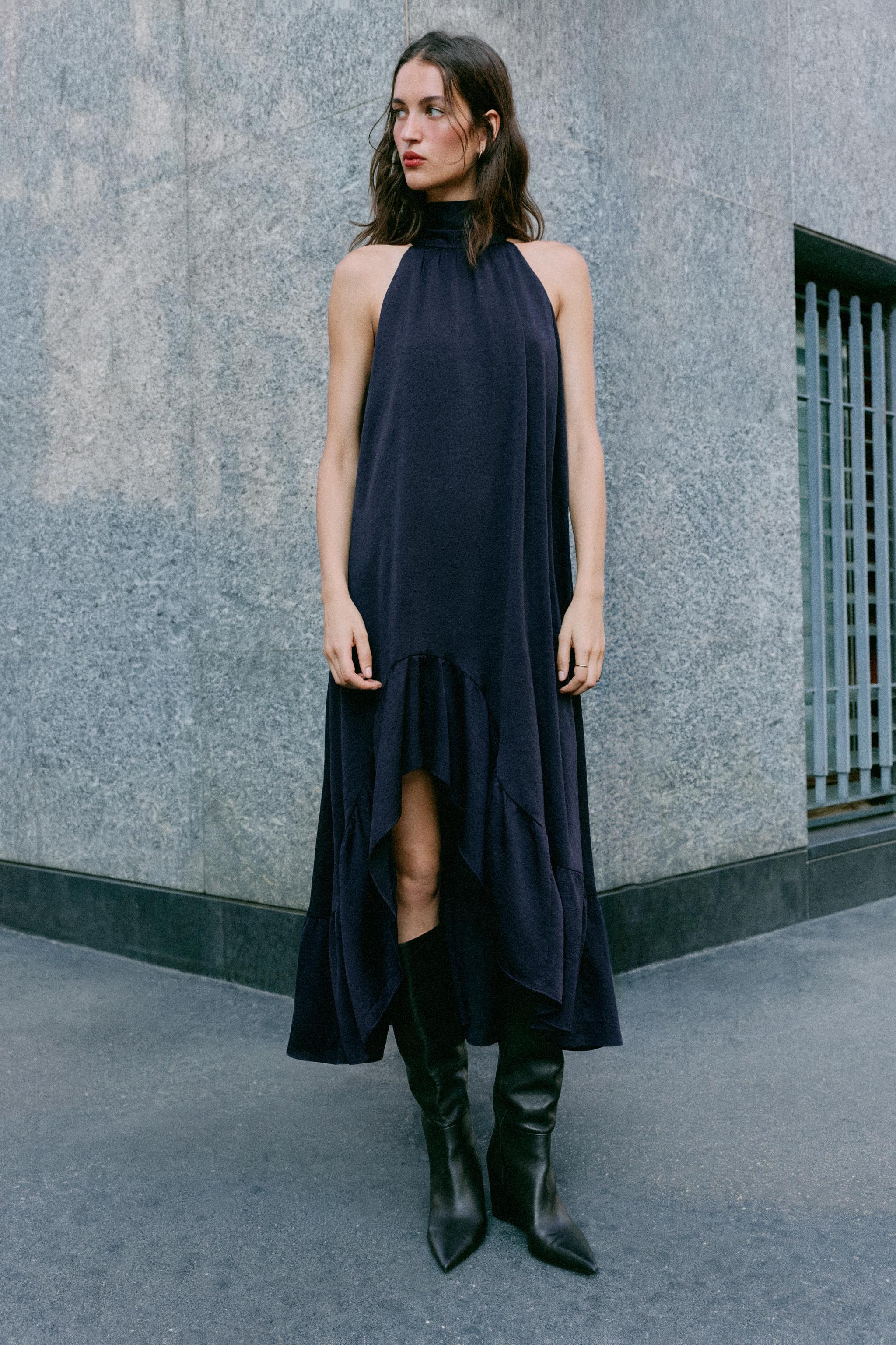 Миди-платье с воротником-халтер и оборками по низу — ZARA