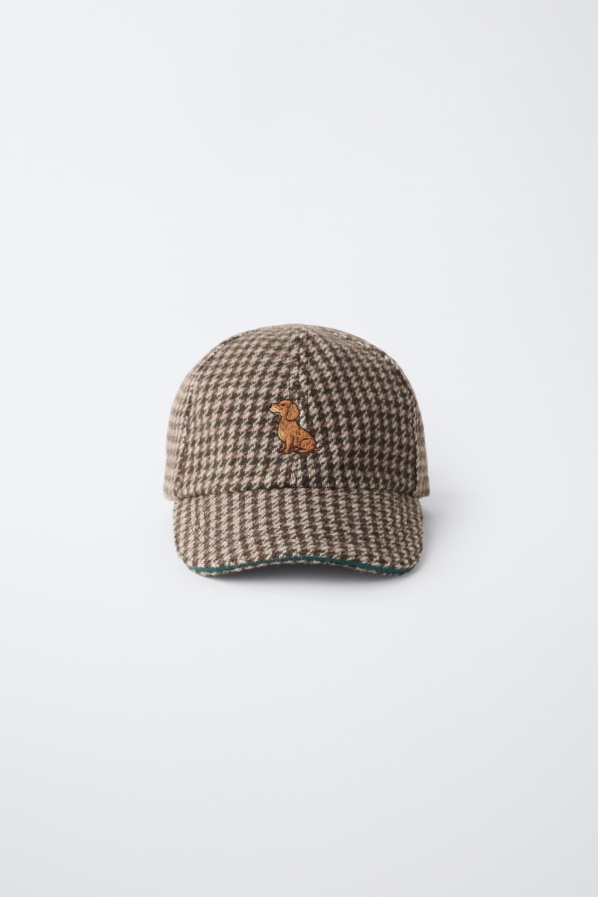 HOUNDSTOOTH CAP WITH EMBROIDERED DOG AND WOOL BLEND — ZARA